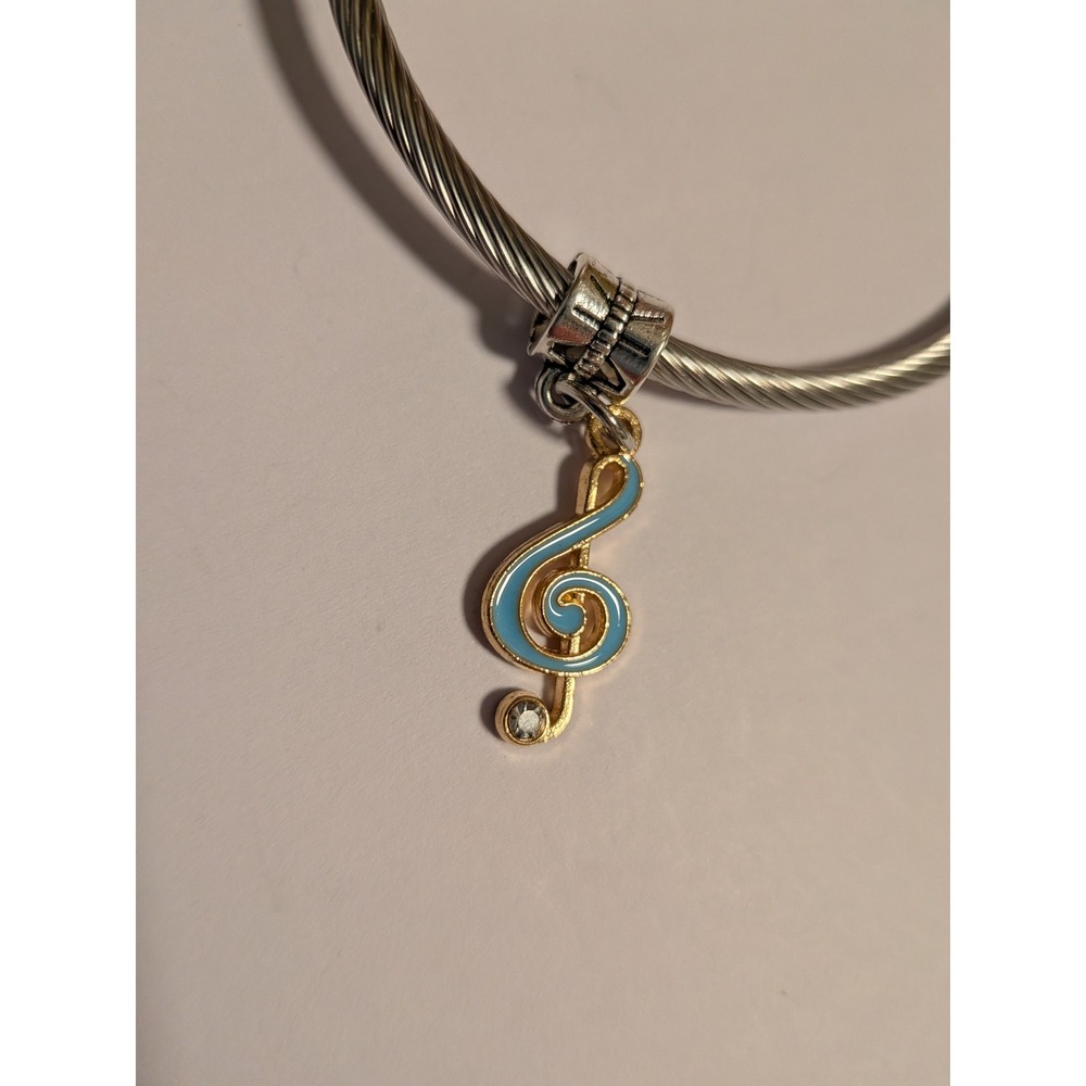 Music Treble Clef Dangle Charm Blue Enamel Gold Tone Rhinestone for Bracelet